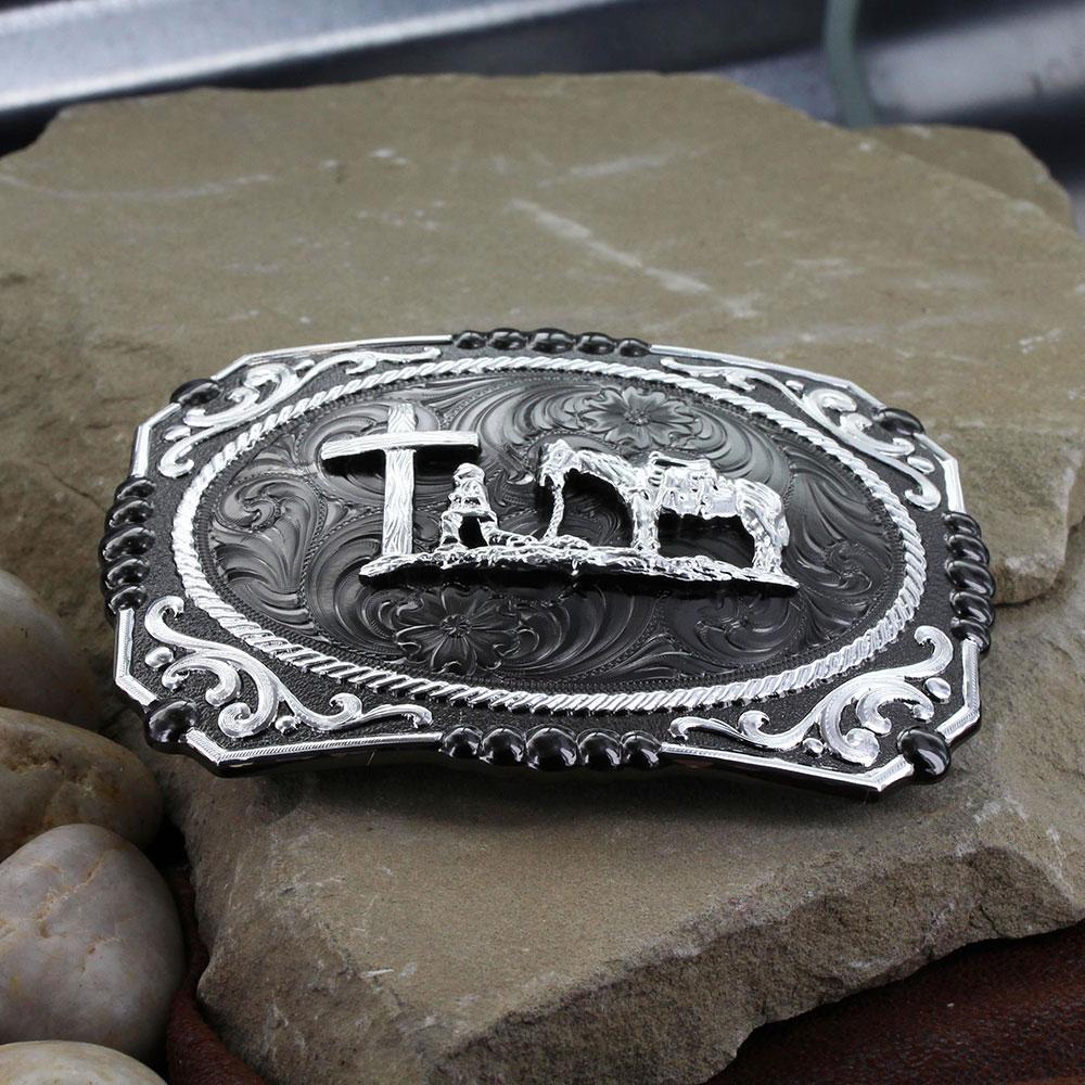 Montana Silversmith 25815SB-731 Gunmetal Cameo Filigree with Christian Cowboy Buckle