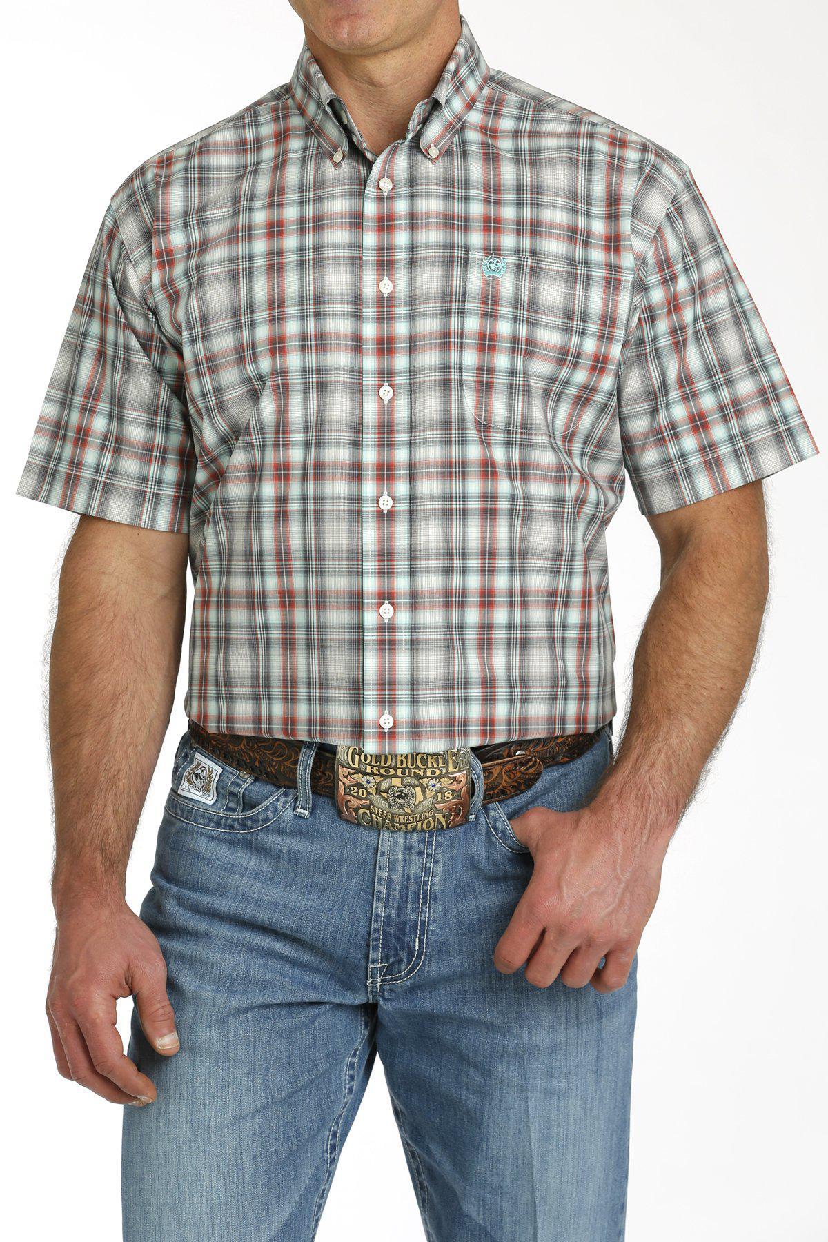 Cinch MTW1111455 MEN'S PLAID BUTTON-DOWN SHORT SLEEVE WESTERN SHIRT-CREAM / CHARCOAL / RED