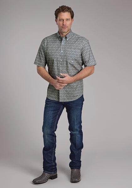 Roper 03-002-0326-3100 Men's Short Sleeve Button Shirt Stretch Medallion-Grey Paisley