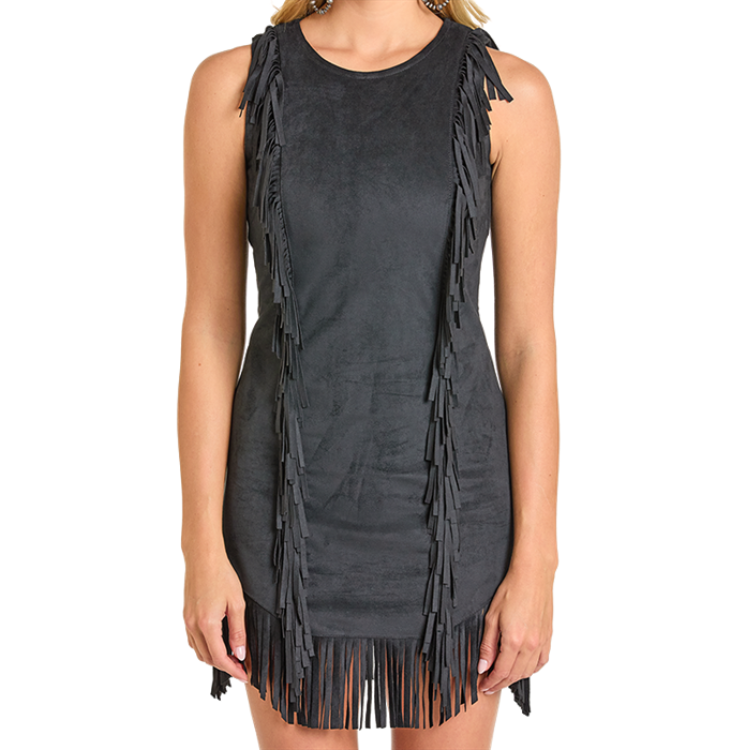 Rock & Roll BWD0R06999 Microsuede Dress with Fringe - Black