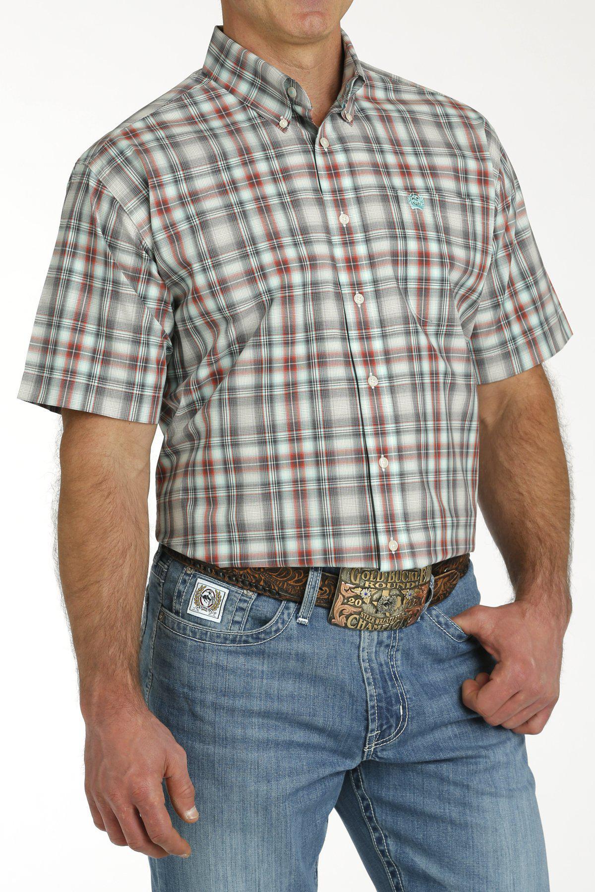 Cinch MTW1111455 MEN'S PLAID BUTTON-DOWN SHORT SLEEVE WESTERN SHIRT-CREAM / CHARCOAL / RED