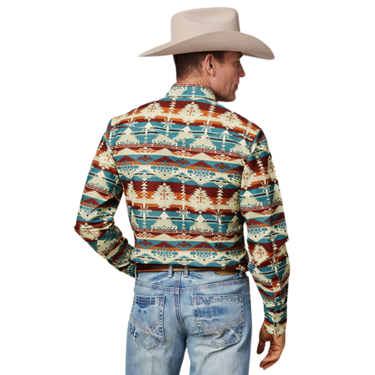 Roper 03-001-0482-0466 MENS L/S SHIRT SNAP HORIZONTAL PRINT DESIGN