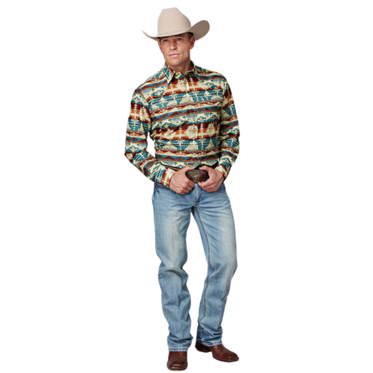 Roper 03-001-0482-0466 MENS L/S SHIRT SNAP HORIZONTAL PRINT DESIGN