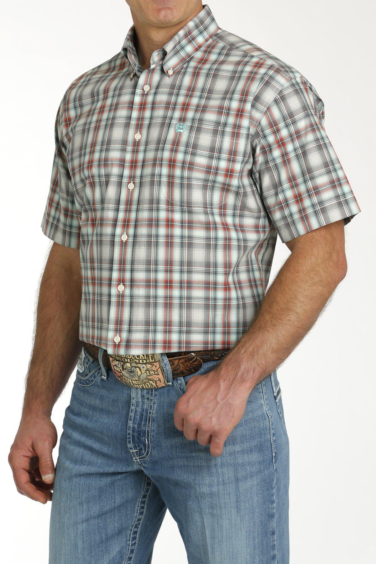 Cinch MTW1111455 MEN'S PLAID BUTTON-DOWN SHORT SLEEVE WESTERN SHIRT-CREAM / CHARCOAL / RED