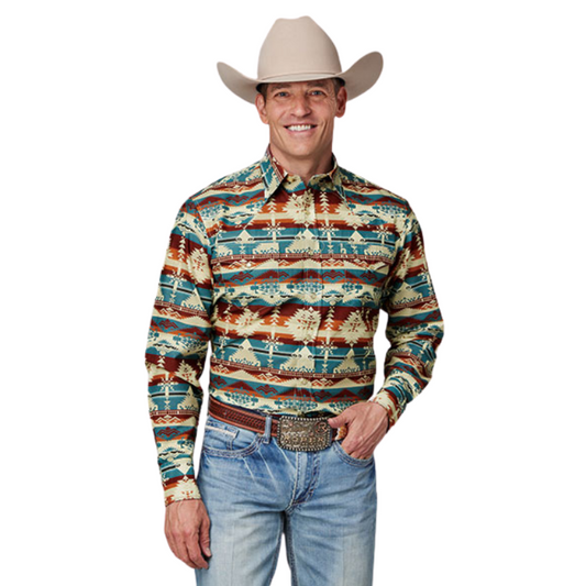 Roper 03-001-0482-0466 MENS L/S SHIRT SNAP HORIZONTAL PRINT DESIGN