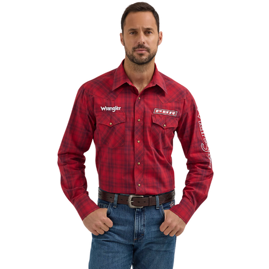 Wrangler 112355406 Men's PBR Logo Long Sleeve Shirt - Snaps - Cherry Red