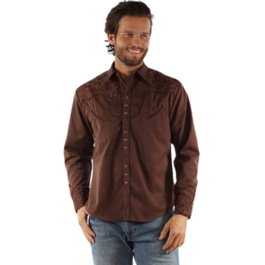 Scully P-634 - Mocha - Floral Tooled Embroidered Shirt