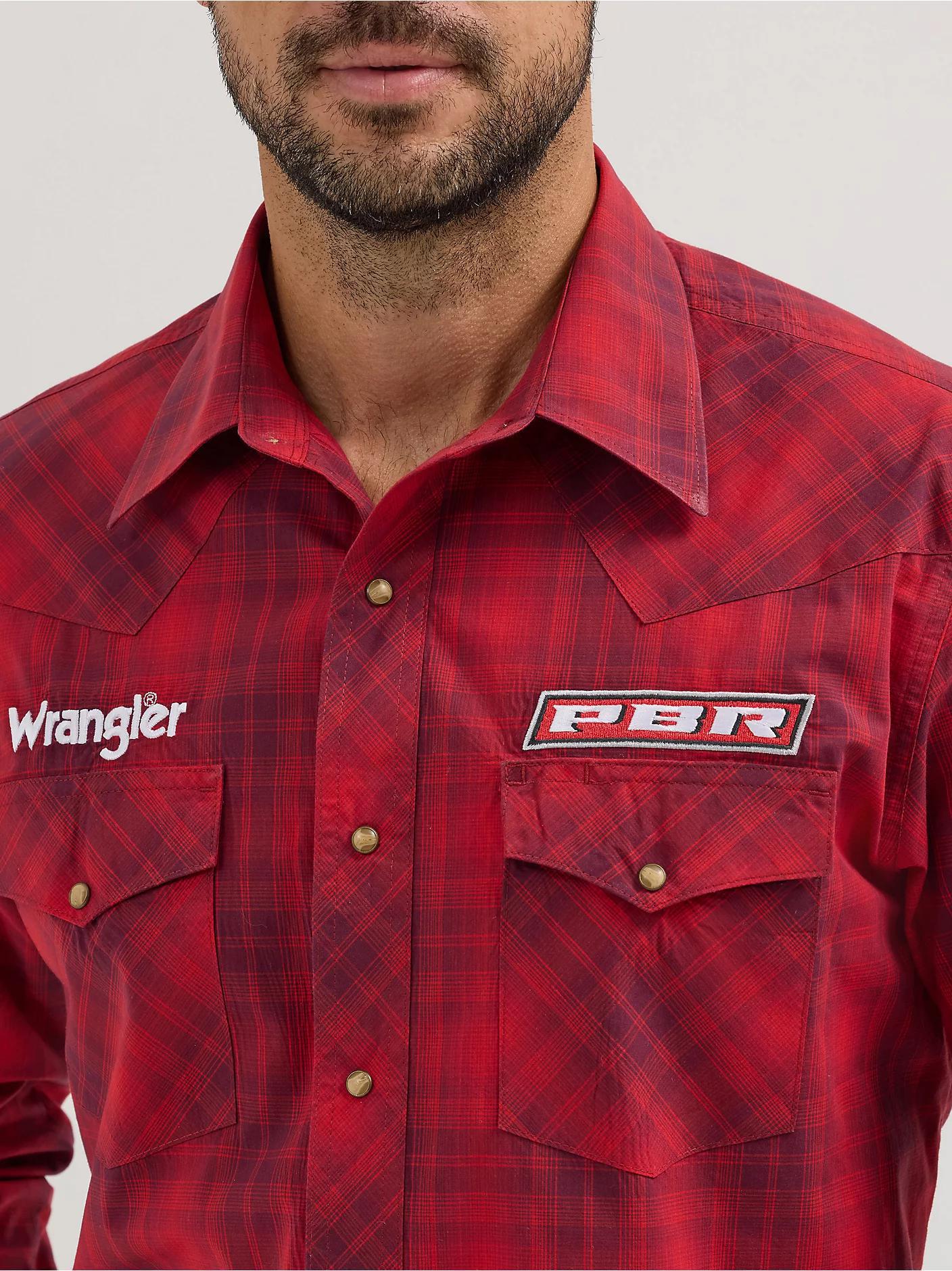 Wrangler 112355406 Men's PBR Logo Long Sleeve Shirt - Snaps - Cherry Red