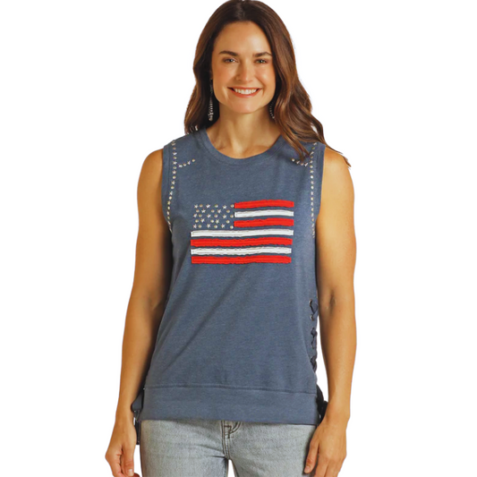 Panhandle LW50T03747 Women's Rock N Roll Navy Studded Lace Up Tank Top