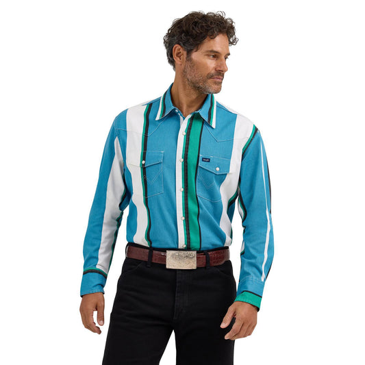 Wrangler 112368191 Vintage Inspired Long Sleeve Shirt - Blue Multi Stripe - Classic Fit