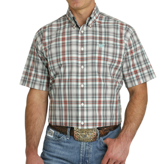 Cinch MTW1111455 MEN'S PLAID BUTTON-DOWN SHORT SLEEVE WESTERN SHIRT-CREAM / CHARCOAL / RED