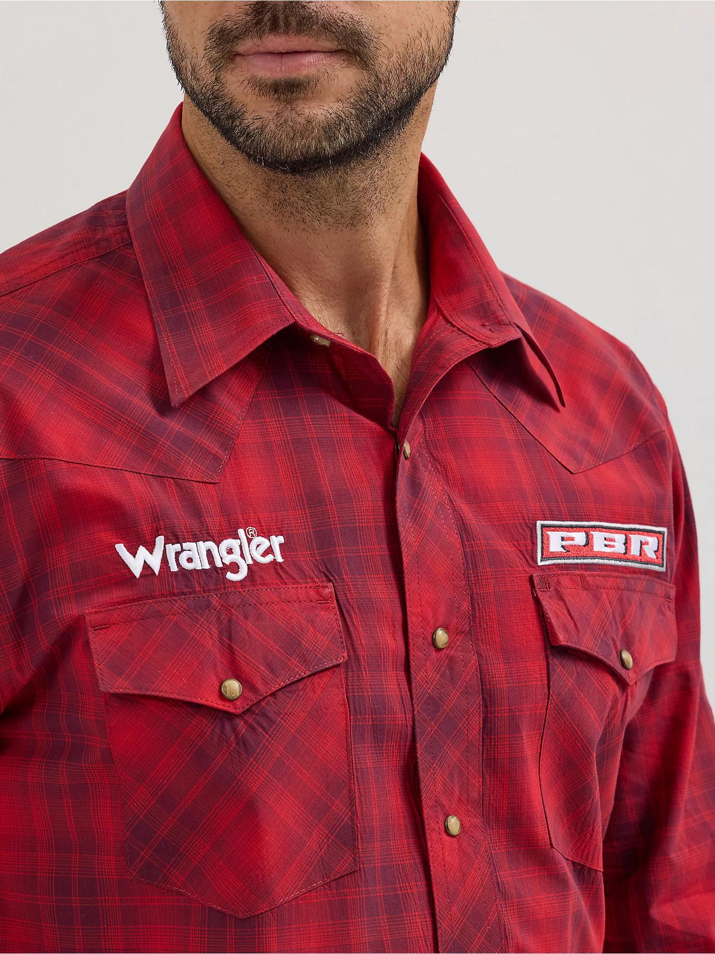 Wrangler 112355406 Men's PBR Logo Long Sleeve Shirt - Snaps - Cherry Red