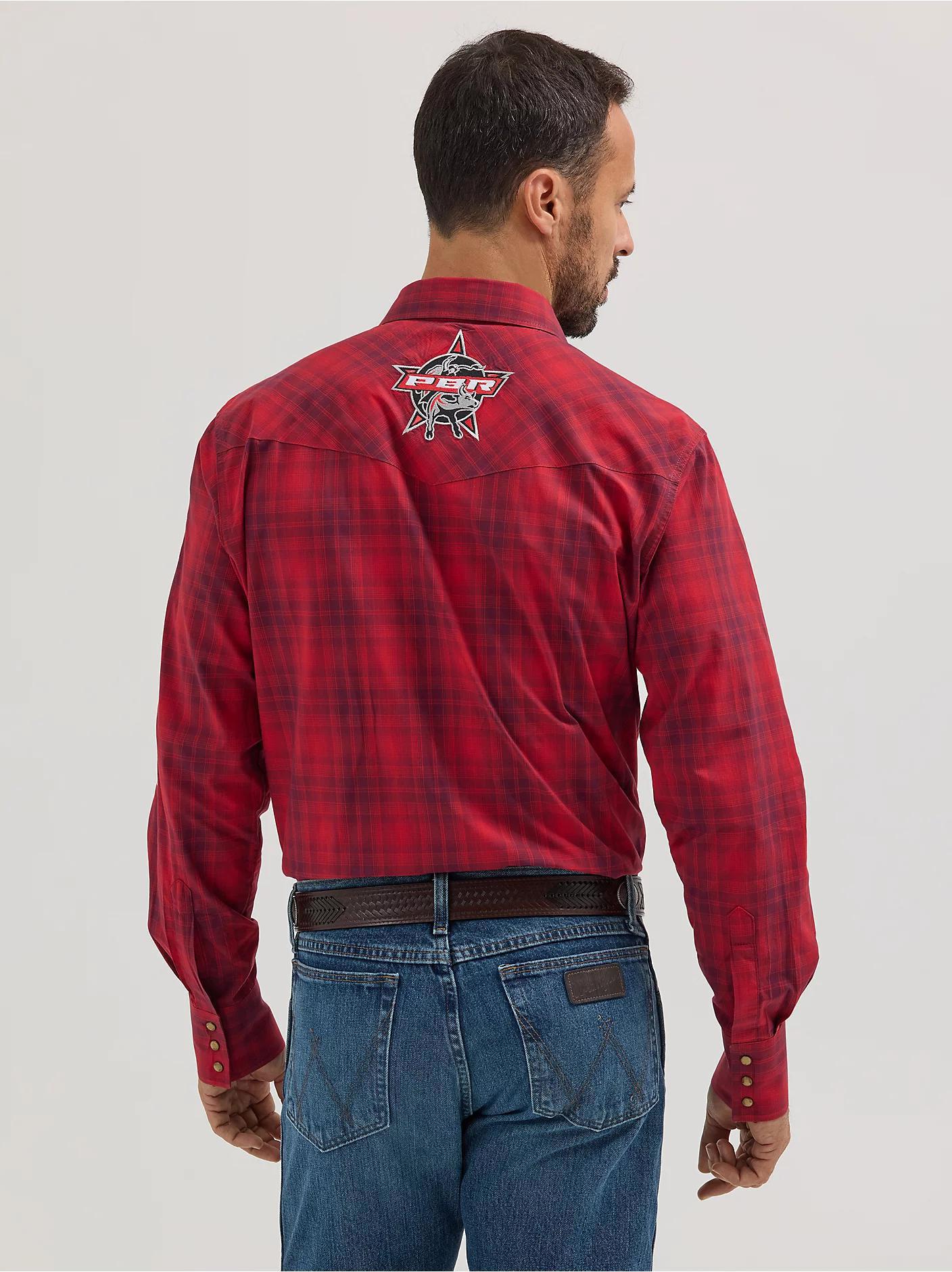 Wrangler 112355406 Men's PBR Logo Long Sleeve Shirt - Snaps - Cherry Red