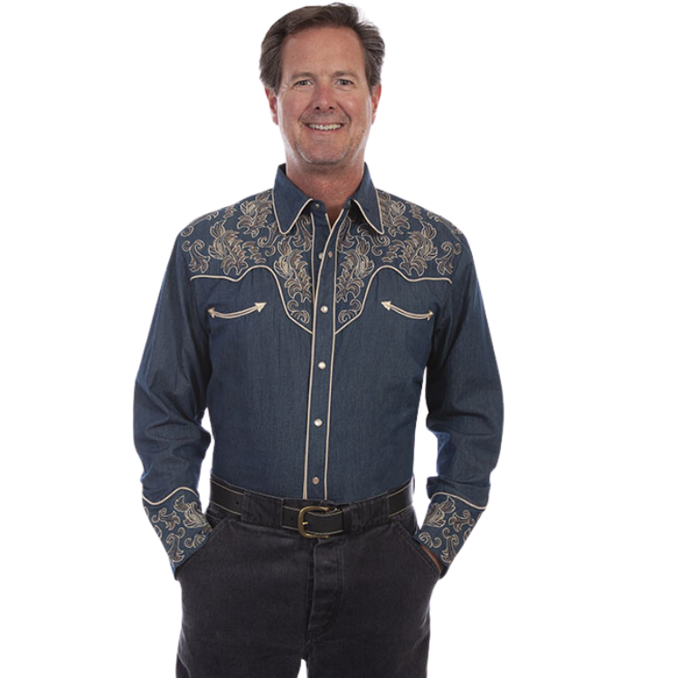 Scully P-905 - Denim - Floral Embroidered Shirt