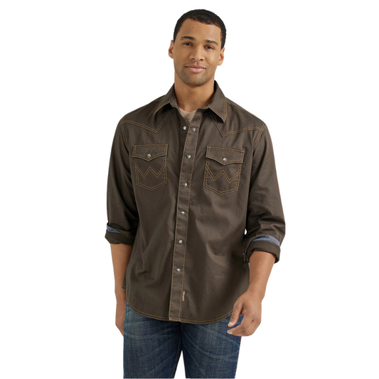 Wrangler 112356597 Men's Retro® Premium Long Sleeve Shirt - Modern Fit - Black Olive