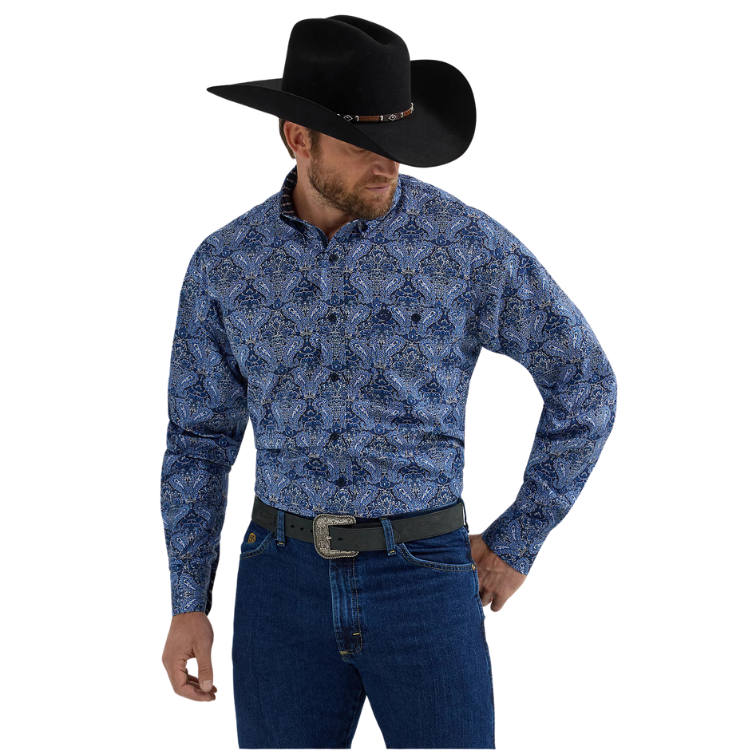 Wrangler 112356605 Men's George Strait Collection One Pocket Long Sleeve Shirt Big Blue Paisley