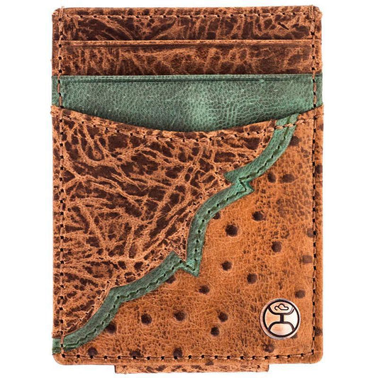 Hooey HMC032-TNBR "SAWYER" OSTRICH PRINT BROWN/ TURQUOISE MONEY CLIP