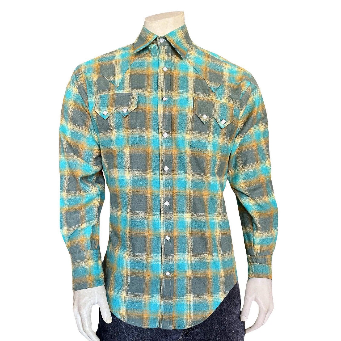 Rockmount 647-GRN/TUR Men's Plush Flannel Green & Turquoise Plaid Western Shirt