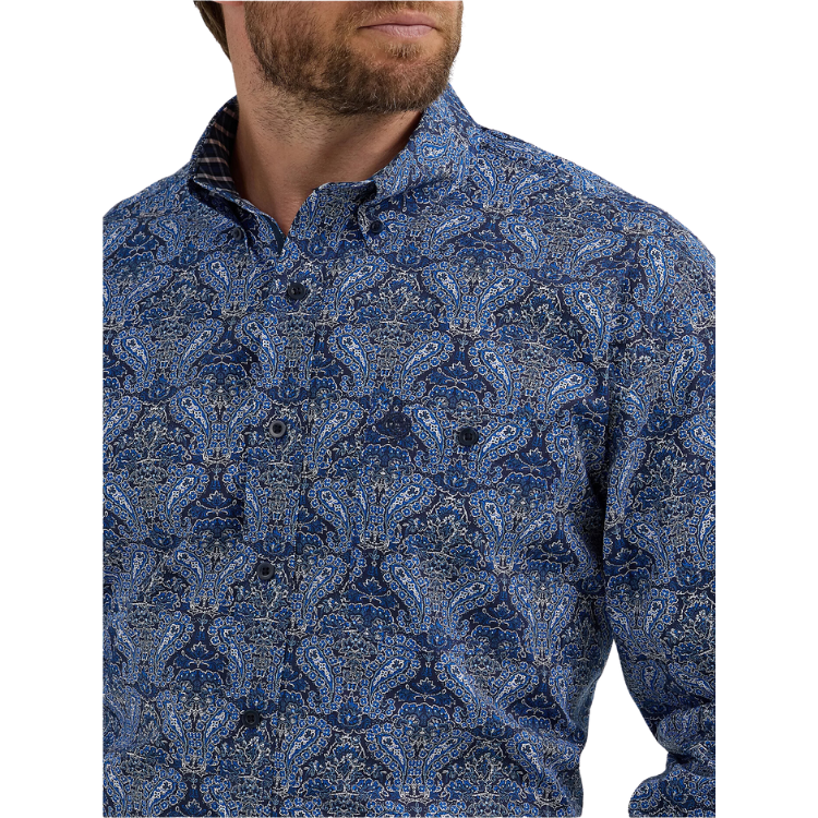 Wrangler 112356605 Men's George Strait Collection One Pocket Long Sleeve Shirt Big Blue Paisley