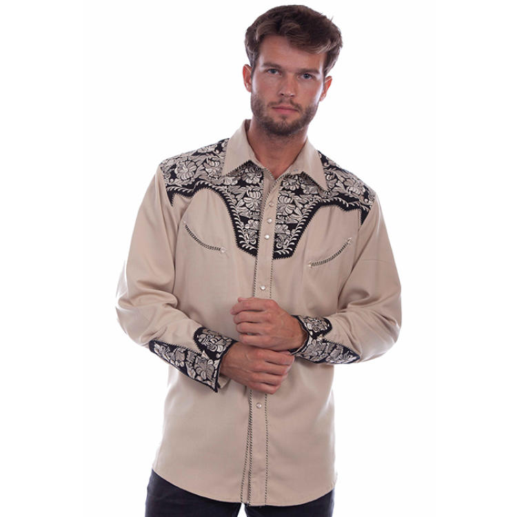 Scully P-634 - Tan - Floral Tooled Embroidered Shirt