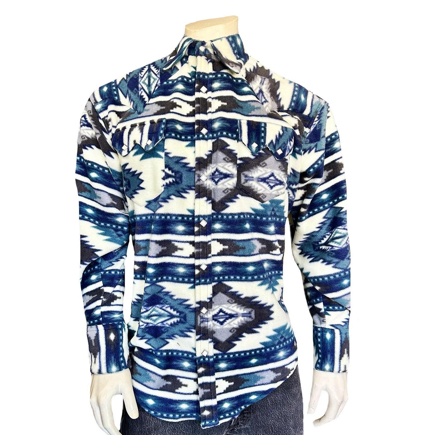 Rockmount 6100-Blue Men's Native Pattern Fleece Western Shirt in Blue & Navy