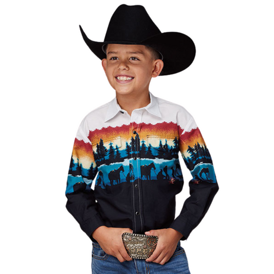 Roper 03-030-0421-0436 BOYS LAKESIDE SCENE L/S SHIRT SNAP SCENE BORDER PRINT