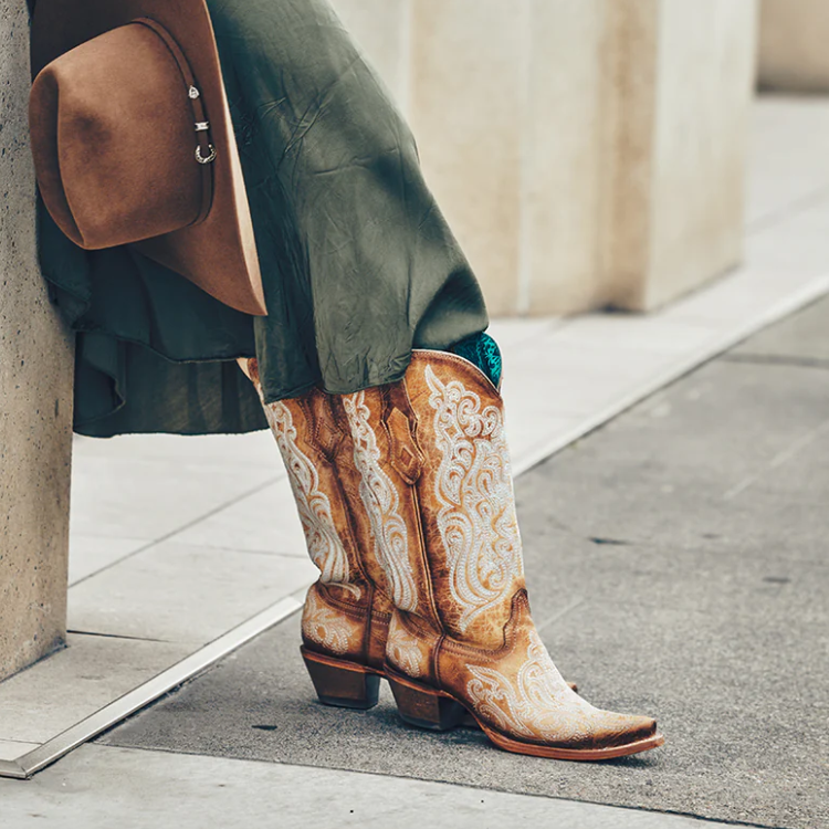 Corral C4144 Crackled Straw Boots with Blue Luminescent Embroidery