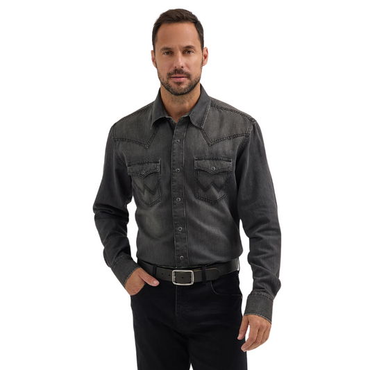 Wrangler 112356598 Men's Retro® Premium Long Sleeve Shirt - Modern Fit - Washed Black